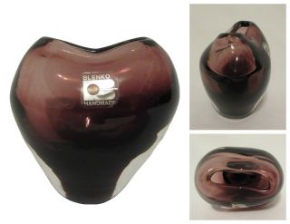 Vintage Blenko Purple Amethyst Art Glass Heart Bud Vase Pinched Label
