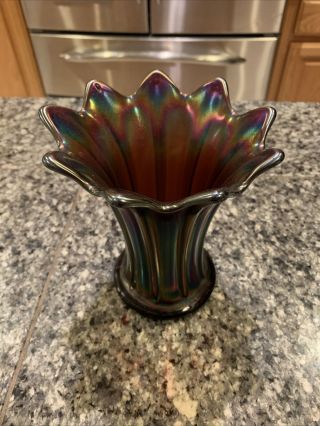 Ribbed Carnival Glass Vase Great Color 6” Tall - 5” Across At The Top