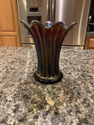 Ribbed Carnival Glass Vase Great Color 6” Tall - 5” Across At The Top 2