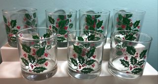 Vintage Indiana Glass Holly Berry Low Ball / Rocks (set Of 7)