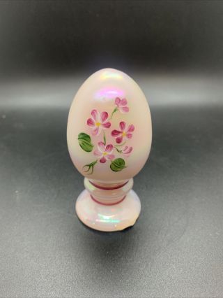 Fenton Art Glass Pink Hand Painted Floral Iridescent Pedestal Egg Signed