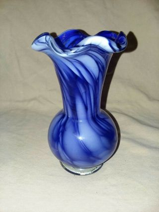Vintage Cobalt Blue & White Swirl Glass Vase.  Hand Blown 6 " X 2 "