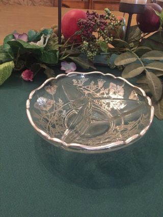 Vintage Glass Hand Painted 3 Section Candy Nut Dish W Silver Trim Scalloped Edge