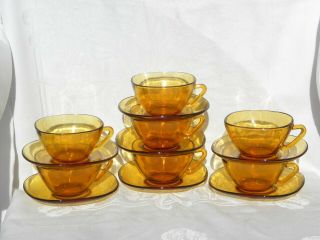 7 Vintage Vereco,  France,  Amber Glass Square Cups And Saucers