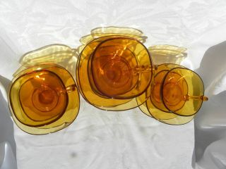 7 Vintage Vereco,  France,  Amber Glass Square Cups and Saucers 2