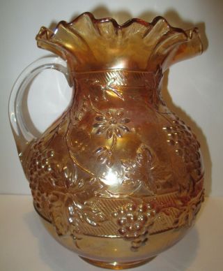 Carnival Glass Floral And Grape Ruffled Edge Lemonade Pitcher