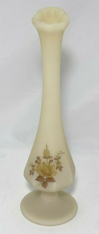 Fenton Custard Glass Hand Painted Floral Yellow Rose Bud Vase Signed With Label