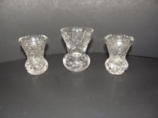 Vintage Set Of 3 Crystal Clear Cut Glass Candle Holders