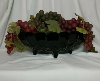 Indiana Black Glass Footed Fruit Bowl Large Oval Raised Design Banana Grape Vtg