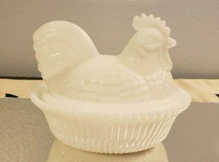 Vintage Milk Glass Chicken Hen Rooster On Nest Trinket Candy Dish