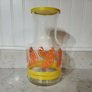 Vintage Libbey Of Canada Glass Juice Carafe Pitcher Yellow Lid Orange Slices