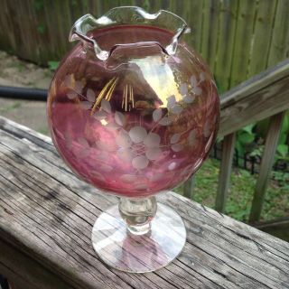 Vintage Round Cranberry Glass Vase Etched Flowers