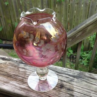 Vintage Round Cranberry Glass Vase Etched Flowers 2