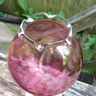 Vintage Round Cranberry Glass Vase Etched Flowers 3