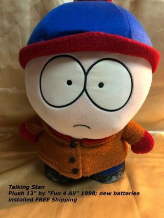 Rare 13 " South Park Talking Stan Plush Toy Doll Figure By Fun 4 All