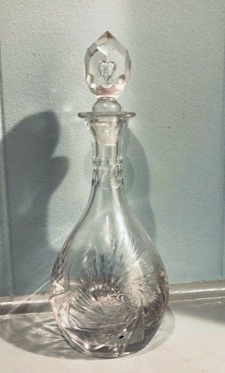 12 " Vintage Cut Clear Crystal Glass Decanter With Cut Faceted Stopper Pre - Owned