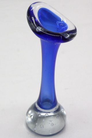 Vintage Cobalt Blue And Clear Hand Blown Glass Narrow Footed Bud Vase 6.  5”
