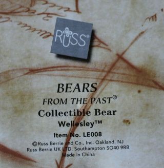 Russ Berrie Limited Edition LE008 Collectible Bear From The Past 