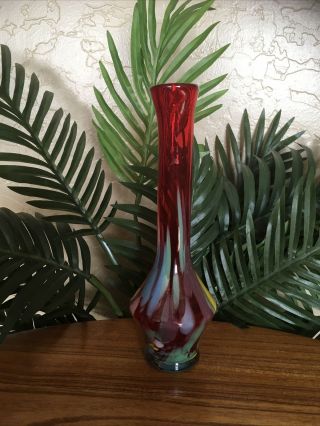 Vintage Murano Art Glass Red Glass With Multi - Color Swirl Bud Vase