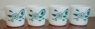 Rare Set Of 4 Vintage Federal Milk Glass Coffee Mugs Turquoise Flower Swirl