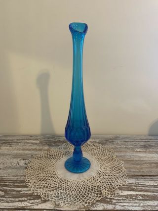 Vintage Fenton Art Glass Bud Vase Thumbprint Colonial Turquoise Blue 12 1/4” T
