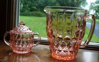 Vintage Windsor Pink Depression Glass Diamond Point Pitcher & Sugar Bowl