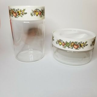 2 Vintage Pyrex Corning Ware Spice Of Life Glass Storage Canisters Plastic Lids