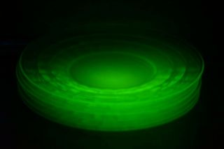 Green Block Optic Plates 8 1/4 " Vaseline Glows Set Of 6