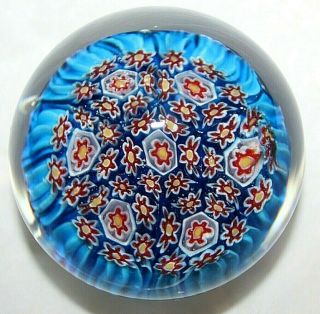Millefiori Art Glass Paperweight Murano? Red White Blue Flowers 2 1/8 " Wide