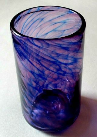 Vintage Purple Hand Blown Art Glass Tumbler With Blue Swirls