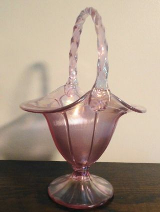 Fenton Light Pink Purple Carnival Iridescent Glass Handled Basket 1980 