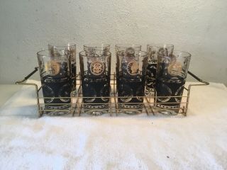 8 Vintage Cera? Mid Century Modern Black And Gold Coin Drinking Glass /w Carrier