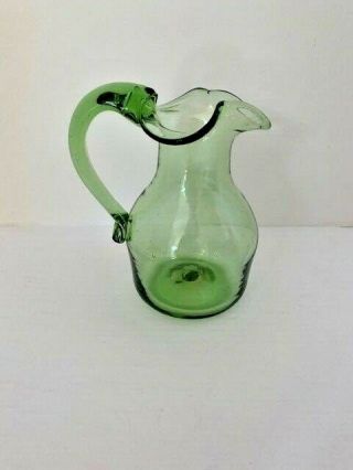 Vintage Hand Blown Green Art Glass Cruette Pitcher Vase Shabby Chic