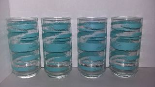 Vintage Set Of 4 Libby Tumblers 5 1/2 " Clear Glass With Blue/turquoise Designs