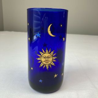 Vintage Cobalt Blue Glass Drinking Cup Tumbler Celestial Sun Moon Star Libbey