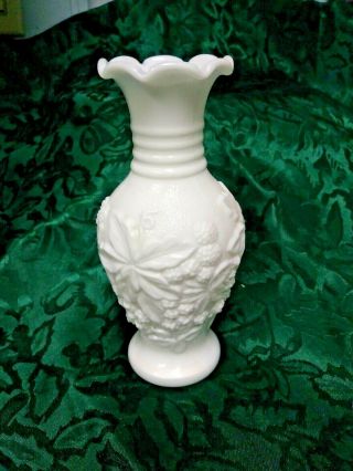 Vintage 6 " Tall Imperial Milk Glass Bud Vase W/ Embossed Floral & Berry Decor