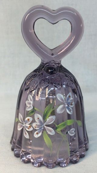 Fenton Art Glass Hand Painted Flowers On Purple Heart Bell