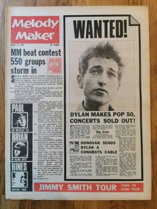 Melody Maker Newspaper March 27th 1965 Bob Dylan Cover