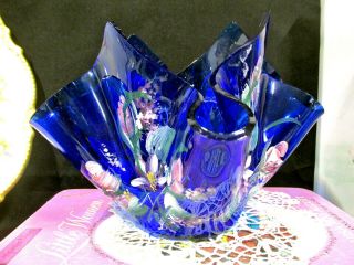 Vintage Murano Glass Vase Artist Signed Hand Painted Deco Cobalt Blue Squat Vase