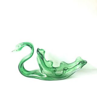 MCM Mid Century Modern Vintage Hand Blown Green Glass Swan Dish 3