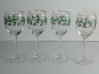 (4) Vintage Luminarc Holly W/ Gold Rims 12 Oz Wine Glasses