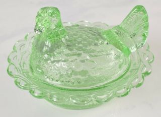Antique 2 " Green Depression Vaseline Glass Hen Covered Individual Salt Cellar