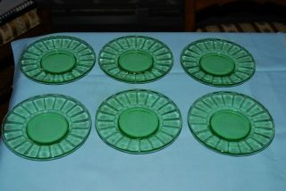 Set Of 6 Green Depression Glass Uranium 6 " Plates Optic Paneled