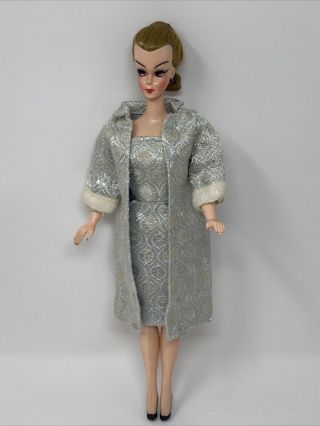 Vintage Barbie Size Clone Doll Clothes Outfit Silver Blue Brocade Dress & Coat