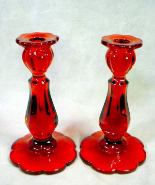 Pair Vintage Ruby Red Glass Candlesticks Amberina Candle Holders Fenton Heisey