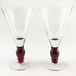 Vintage Set Of 2 Hand Blown Sherry Cordial Liqueur Trumpet Stemware Glasses Red