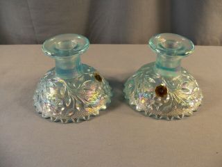 Pair Set Of 2 Westmoreland Blue Carnival Glass Wildflower & Lace Candle Holders