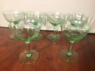 Set Of 6 Green Depression Uranium Glass Floral Etched Optic Champagnes Sherbets
