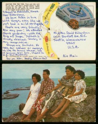 Tonga To Us Diecut Stamps Postcard Waiting For Tide Fiji