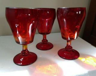 Rare Vintage Ruby Red Amberina Glass Goblet Stemware - Set Of 3